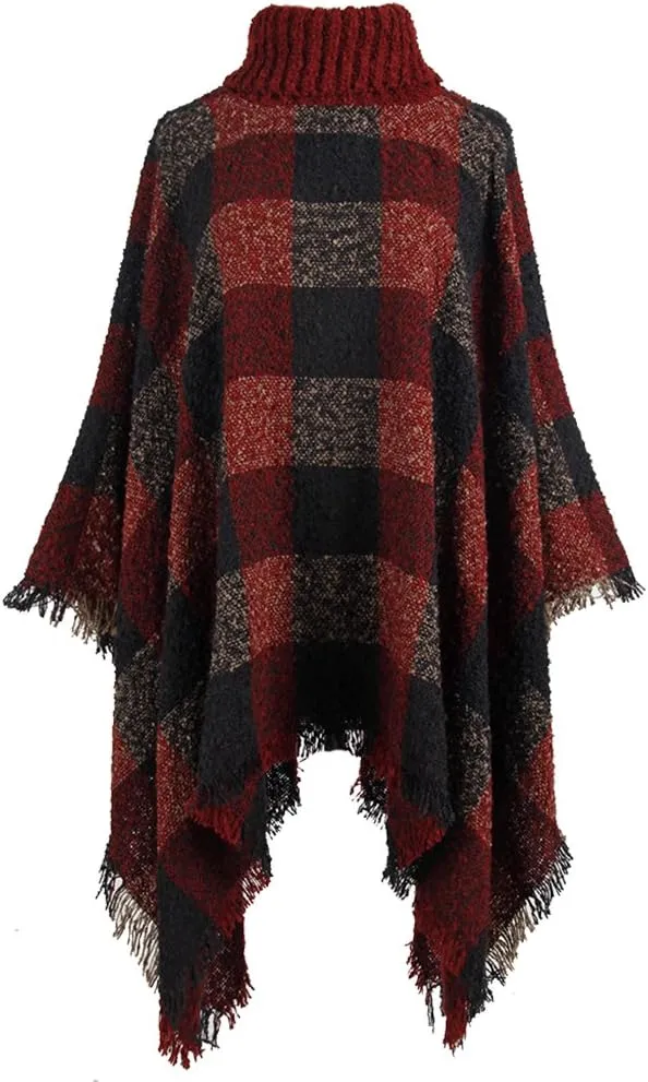 QZUnique Women's Turtleneck Poncho Sweater Knit Cape Pullover Shawl Wrap Dress Ponchos Tassels