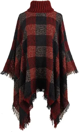 QZUnique Women's Turtleneck Poncho Sweater Knit Cape Pullover Shawl Wrap Dress Ponchos Tassels