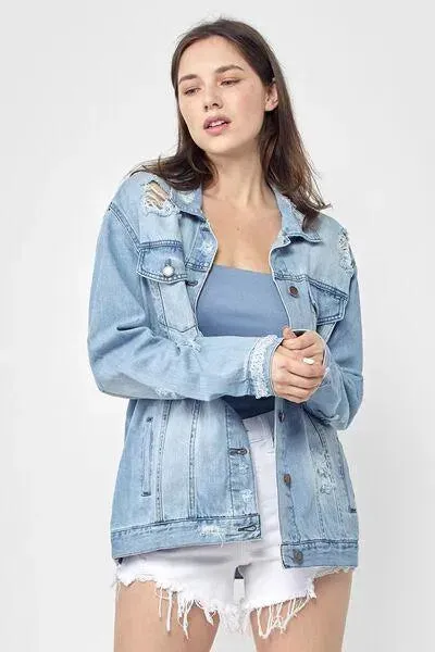 RISEN Full Size Distressed Long Sleeve Denim Jacket Plus Size