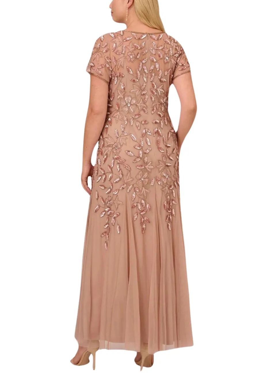 Rose Gold Godet Floral Embellished Gown