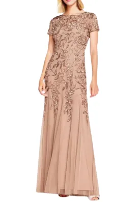 Rose Gold Godet Floral Embellished Gown
