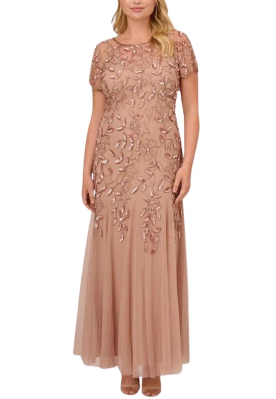 Rose Gold Godet Floral Embellished Gown