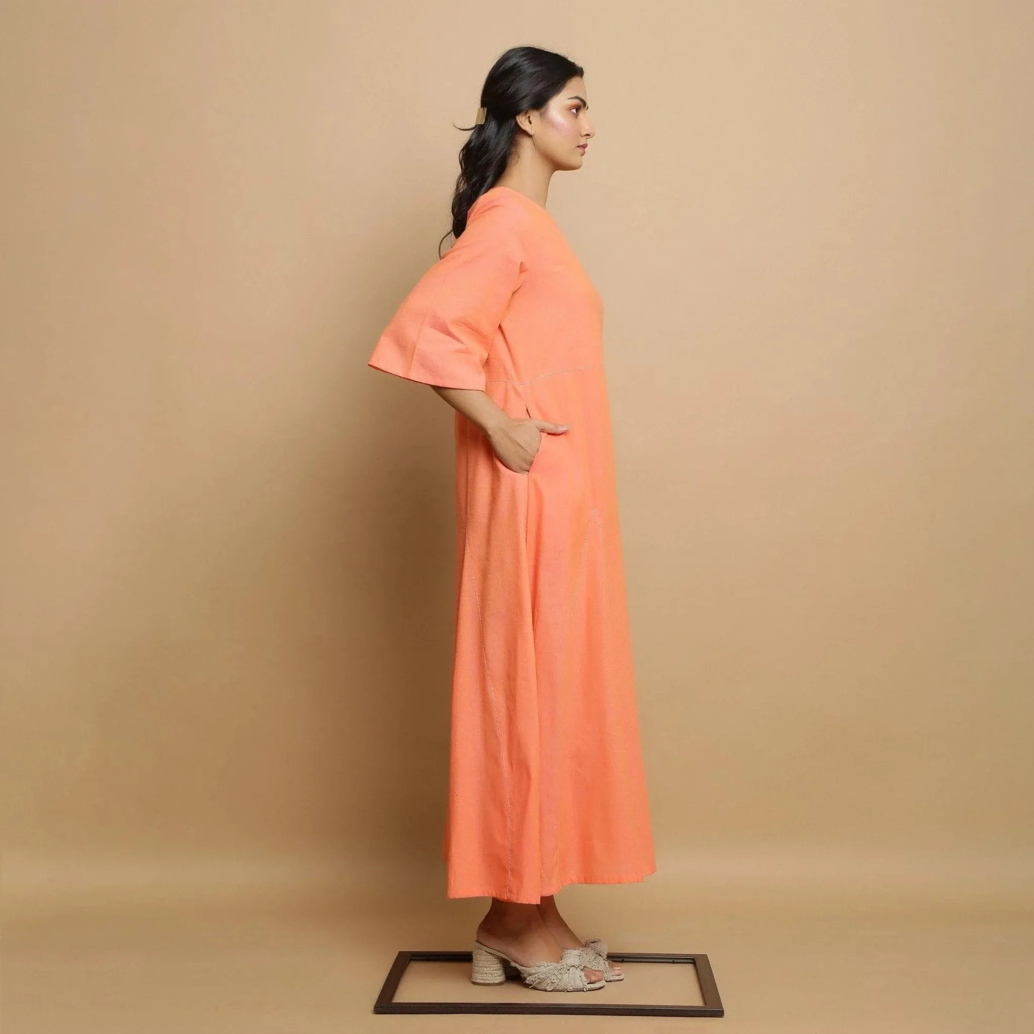 Salmon Pink Mangalgiri Cotton Godet Maxi Dress