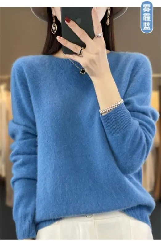 Shanghai Story 100% Merino Wool Sweater Women Fall Winter Warm Knitted Pullover Crewneck Long Sleeve Sweater