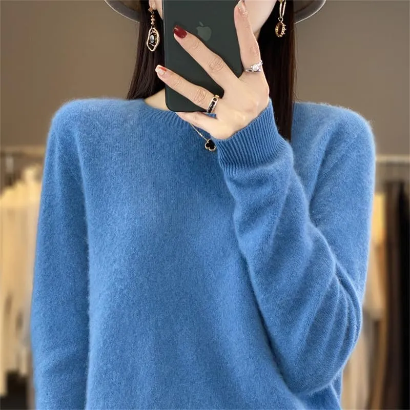 Shanghai Story 100% Merino Wool Sweater Women Fall Winter Warm Knitted Pullover Crewneck Long Sleeve Sweater