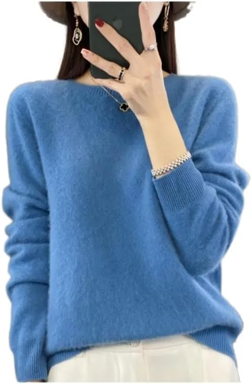 Shanghai Story 100% Merino Wool Sweater Women Fall Winter Warm Knitted Pullover Crewneck Long Sleeve Sweater