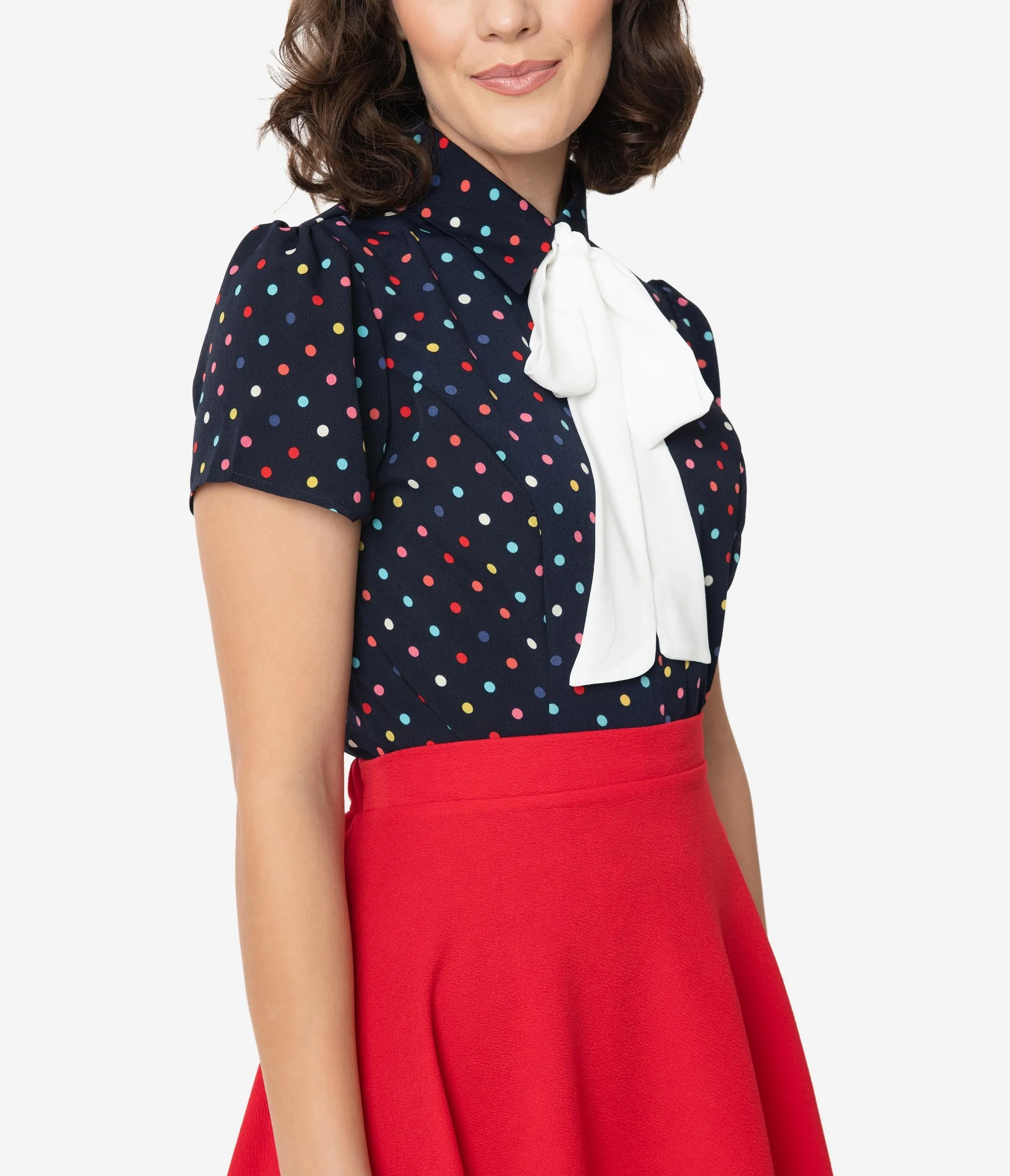 Smak Parlour Navy Blue & Rainbow Dot Neck Tie Power Play Blouse