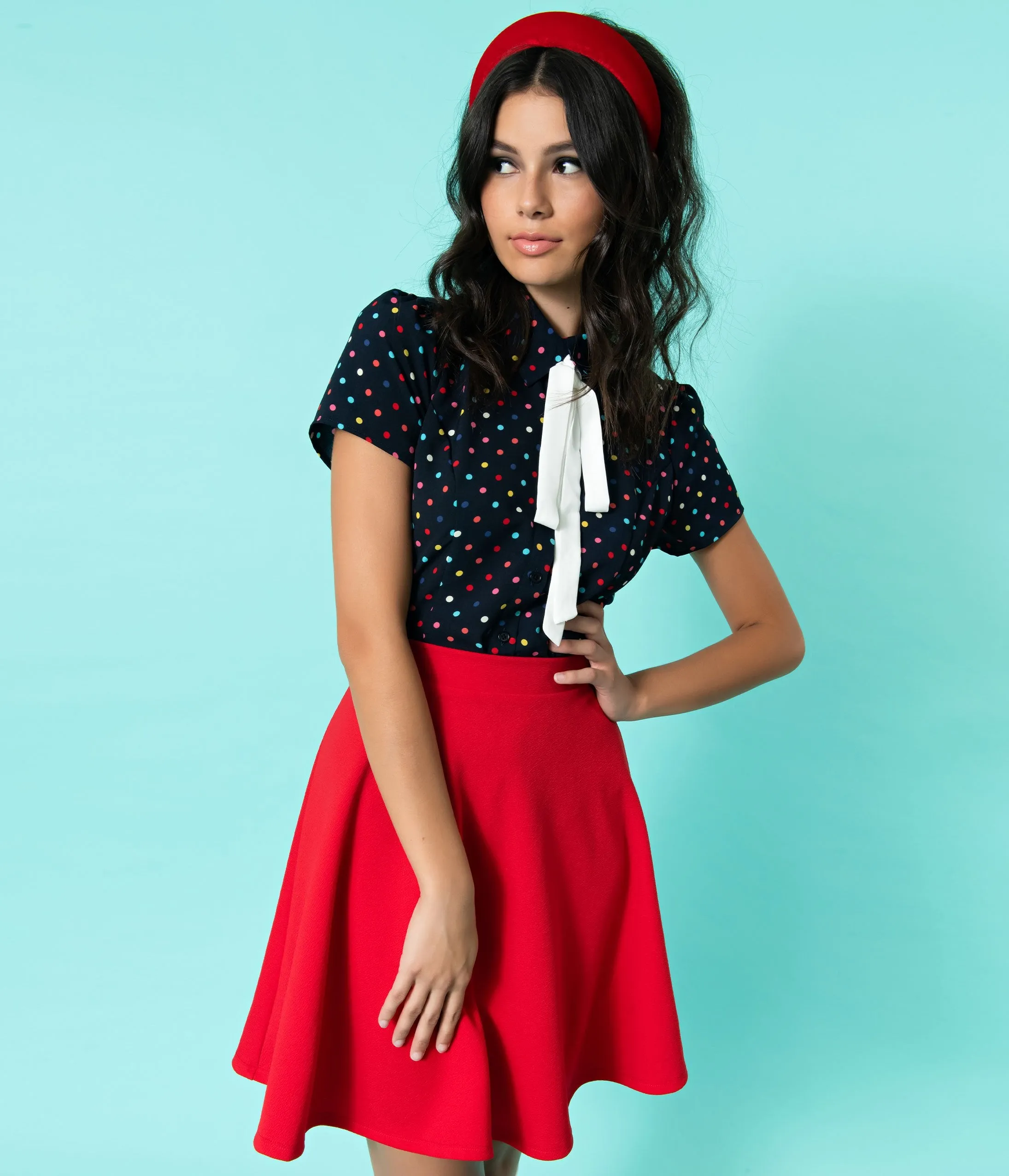 Smak Parlour Navy Blue & Rainbow Dot Neck Tie Power Play Blouse