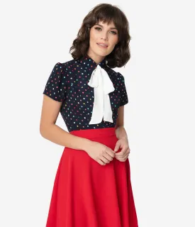 Smak Parlour Navy Blue & Rainbow Dot Neck Tie Power Play Blouse