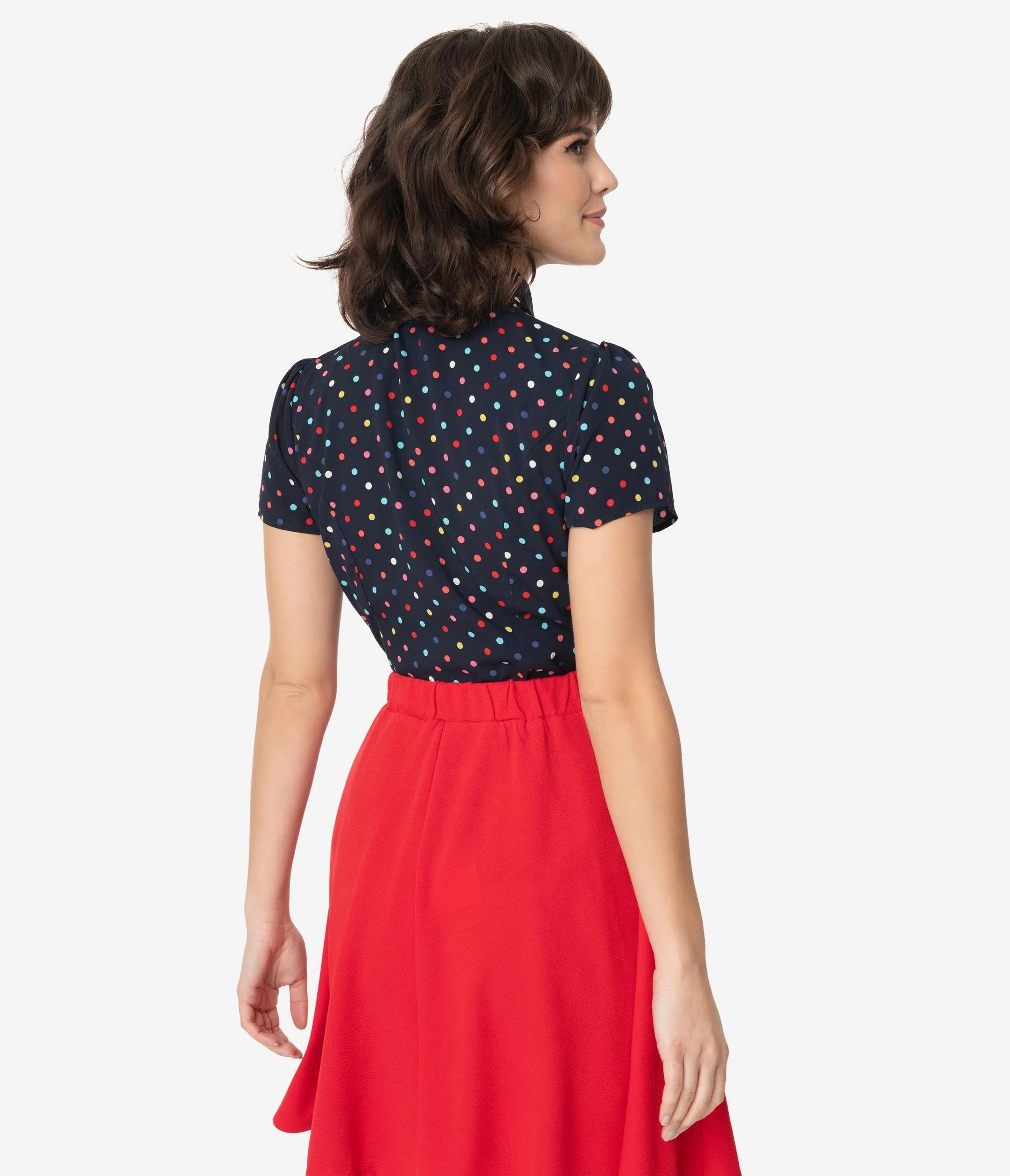 Smak Parlour Navy Blue & Rainbow Dot Neck Tie Power Play Blouse