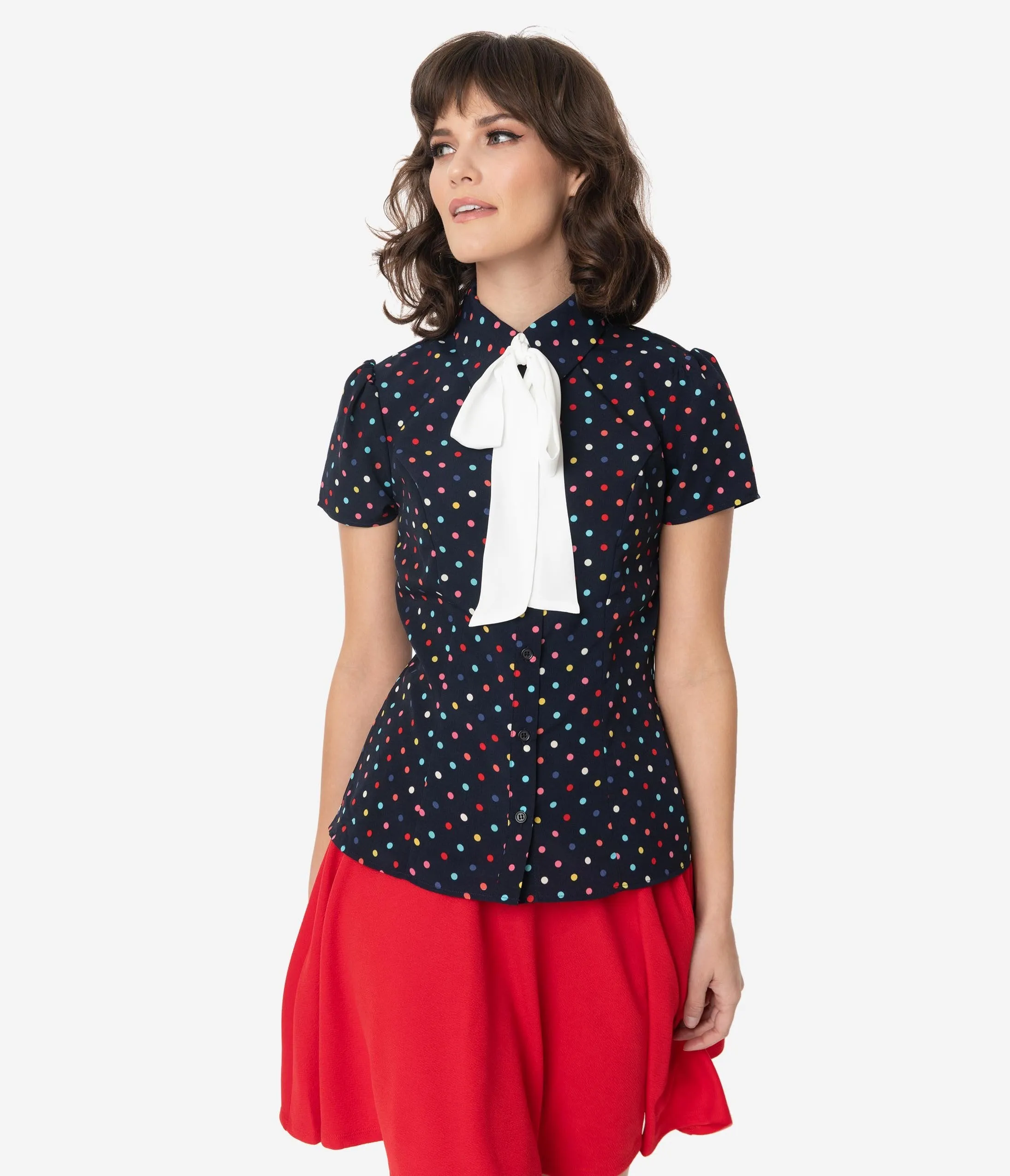 Smak Parlour Navy Blue & Rainbow Dot Neck Tie Power Play Blouse