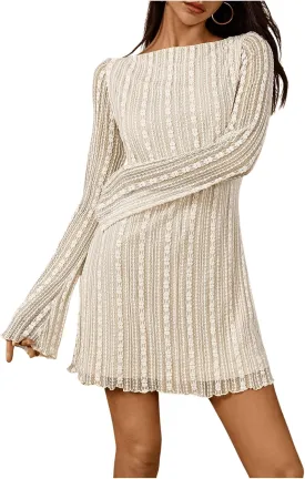 SOLY HUX Women's Lace Mini Dress Boat Neck Long Sleeve Lettuce Trim Bodycon Dresses