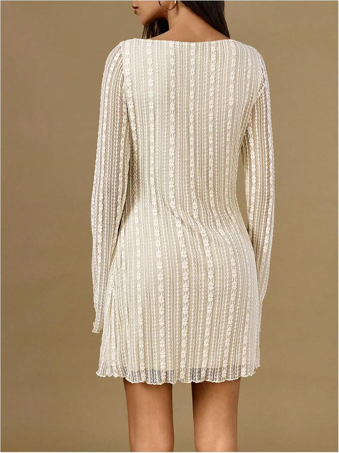 SOLY HUX Women's Lace Mini Dress Boat Neck Long Sleeve Lettuce Trim Bodycon Dresses