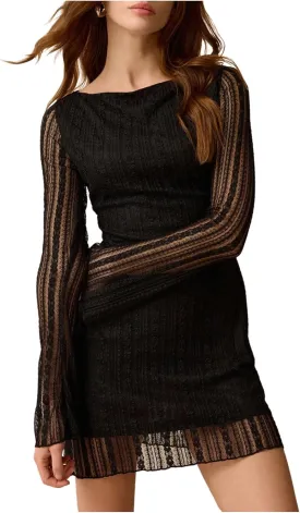 SOLY HUX Women's Lace Mini Dress Boat Neck Long Sleeve Lettuce Trim Bodycon Dresses