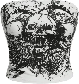 SOLY HUX Women's Y2k Goth Tube Crop Top Skull Print Strapless Sleeveless Bandeau Tops