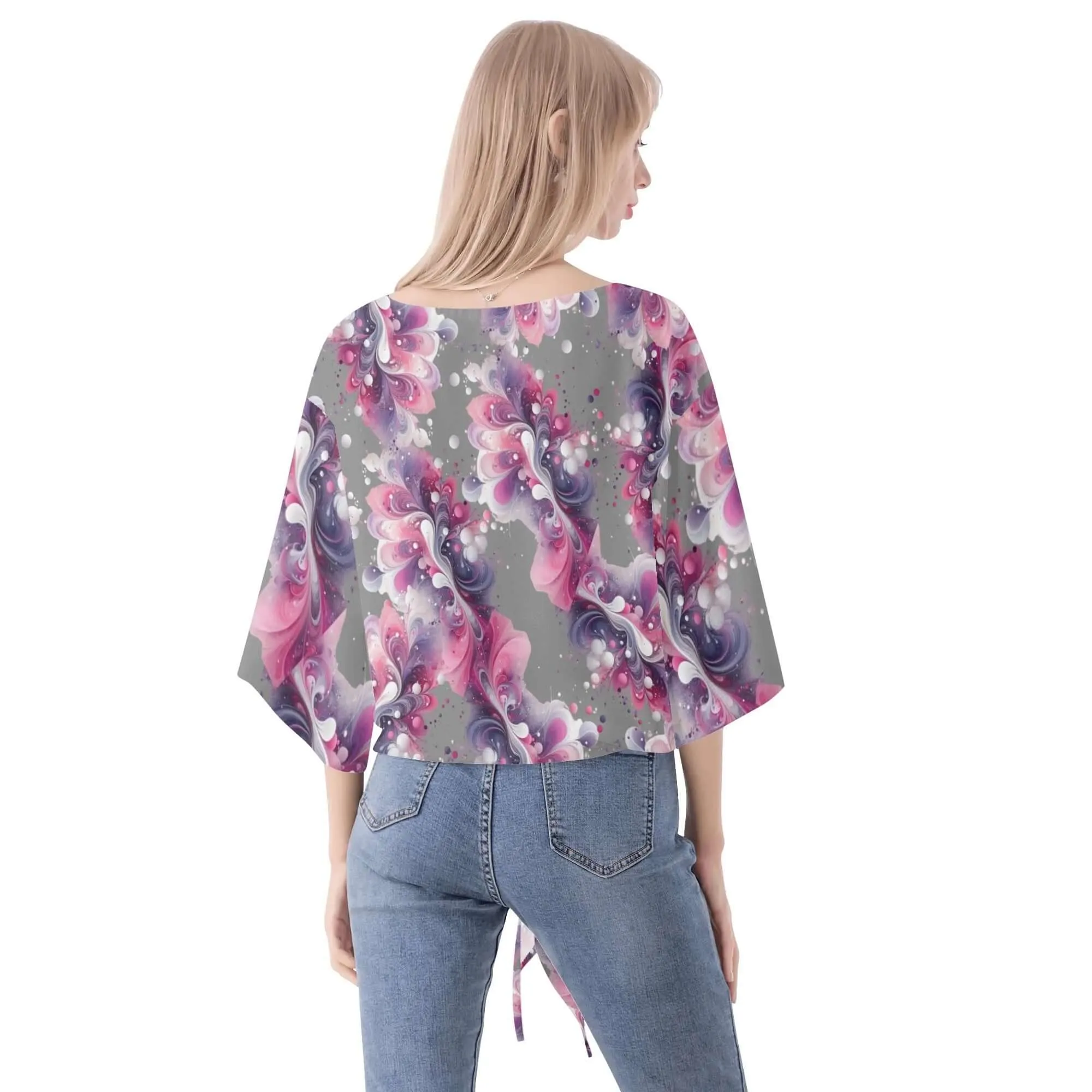 Splatter Women‘s’ V-neck Tie Front Knot Chiffon Blouse