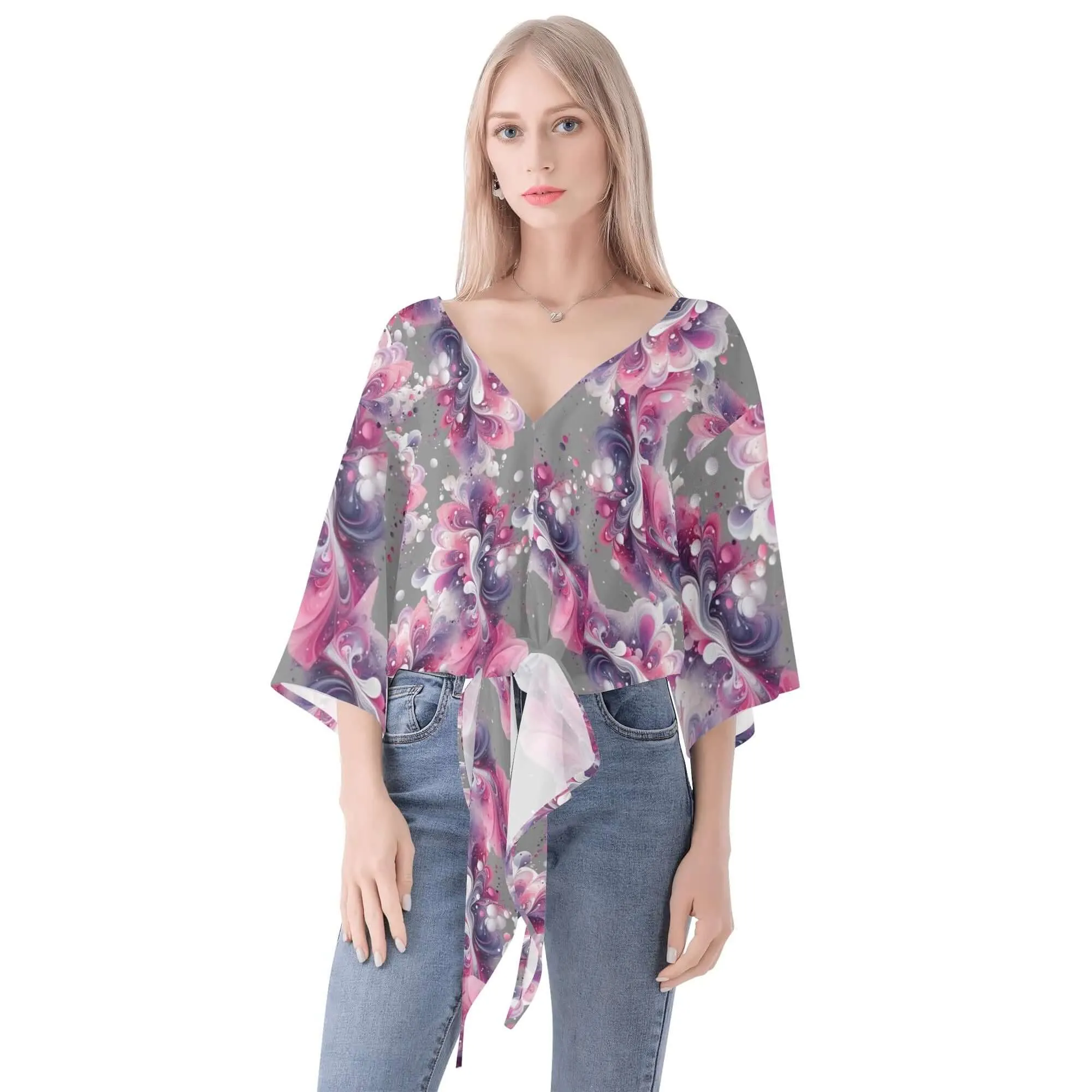 Splatter Women‘s’ V-neck Tie Front Knot Chiffon Blouse