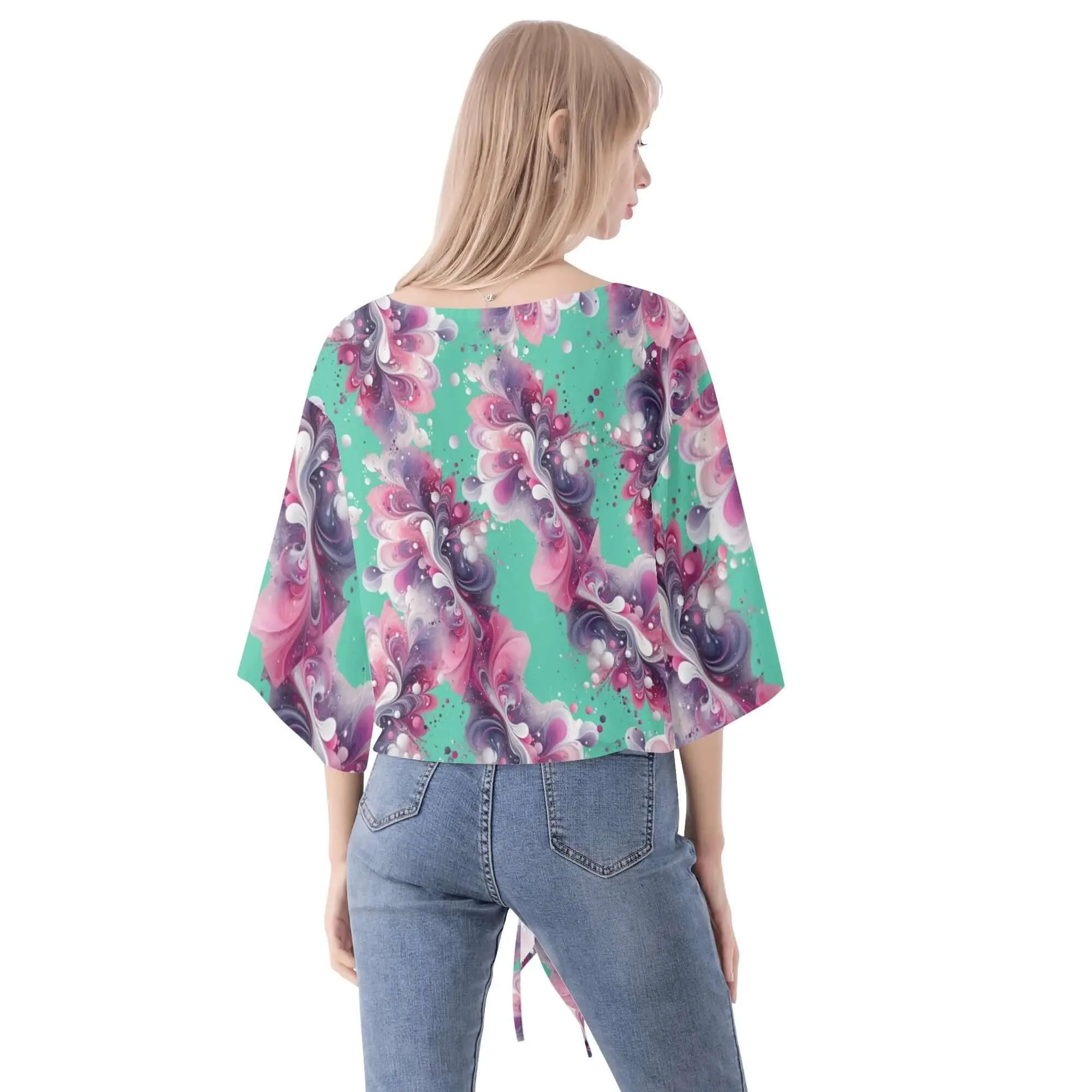Splatter Women‘s’ V-neck Tie Front Knot Chiffon Blouse