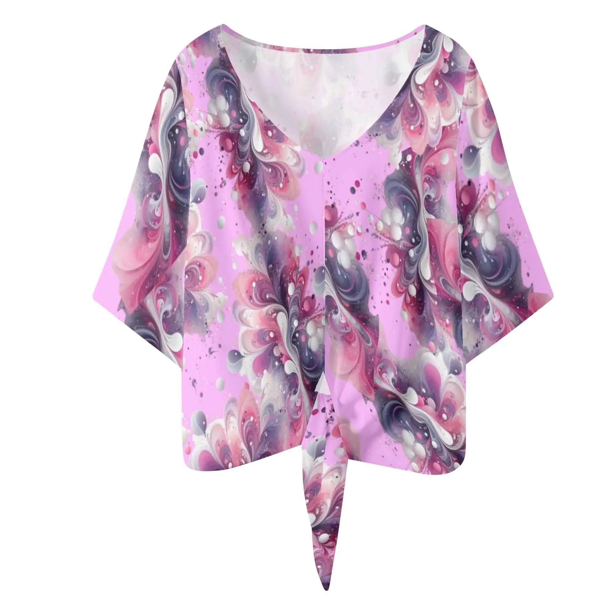 Splatter Women‘s’ V-neck Tie Front Knot Chiffon Blouse