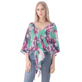 Splatter Women‘s’ V-neck Tie Front Knot Chiffon Blouse