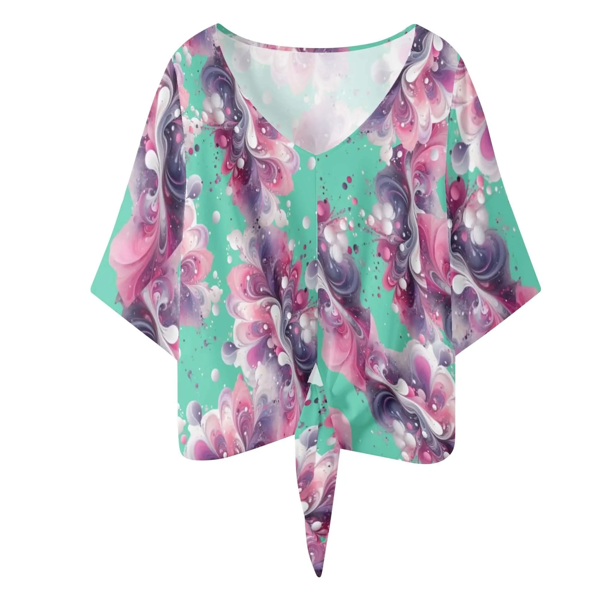 Splatter Women‘s’ V-neck Tie Front Knot Chiffon Blouse