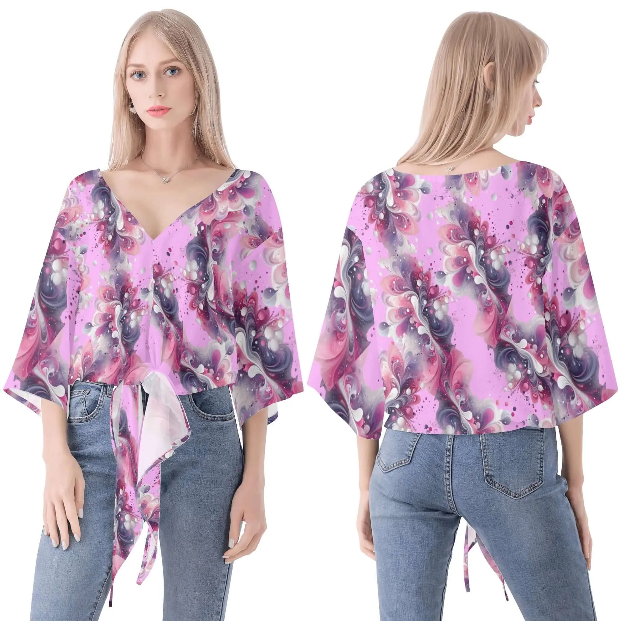 Splatter Women‘s’ V-neck Tie Front Knot Chiffon Blouse