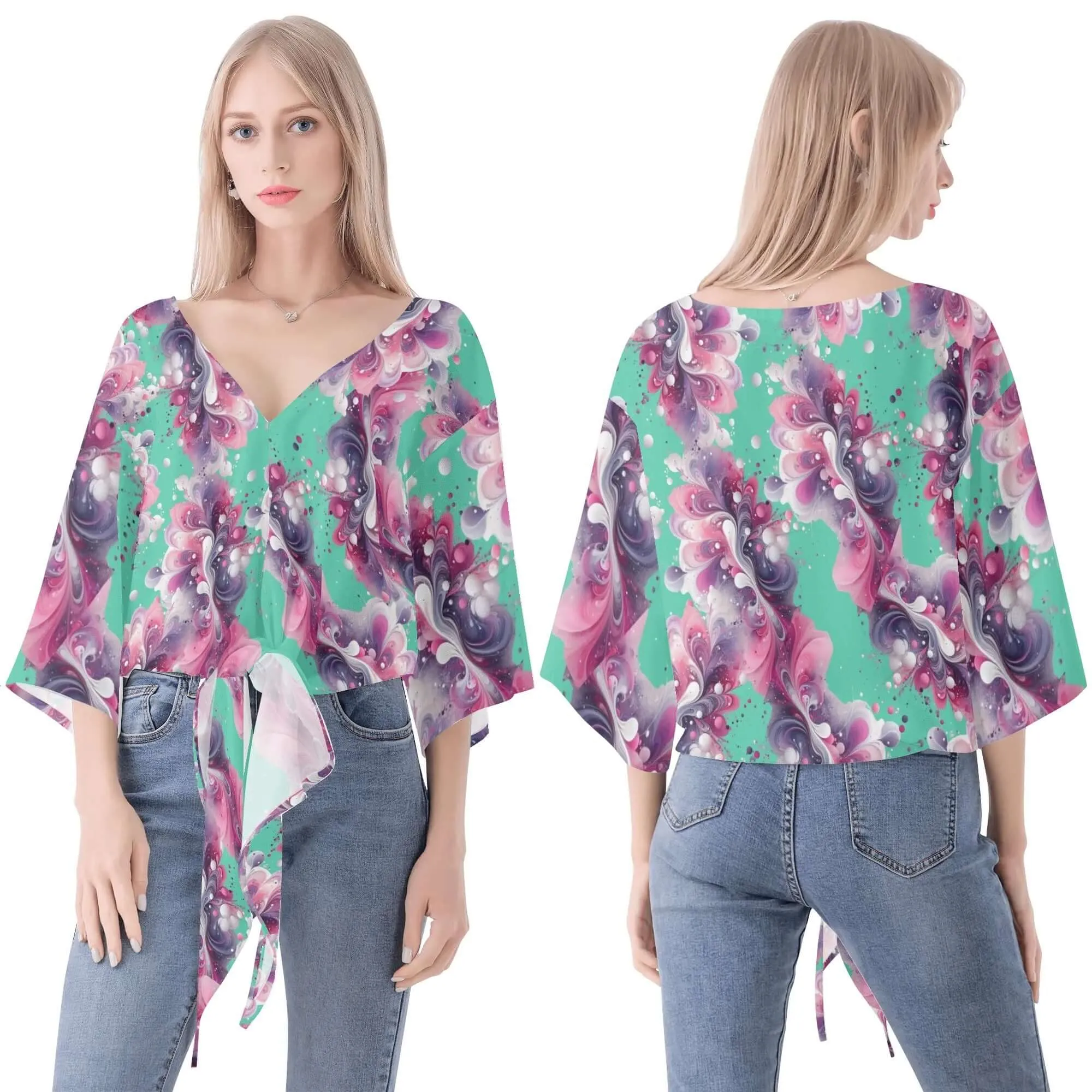 Splatter Women‘s’ V-neck Tie Front Knot Chiffon Blouse