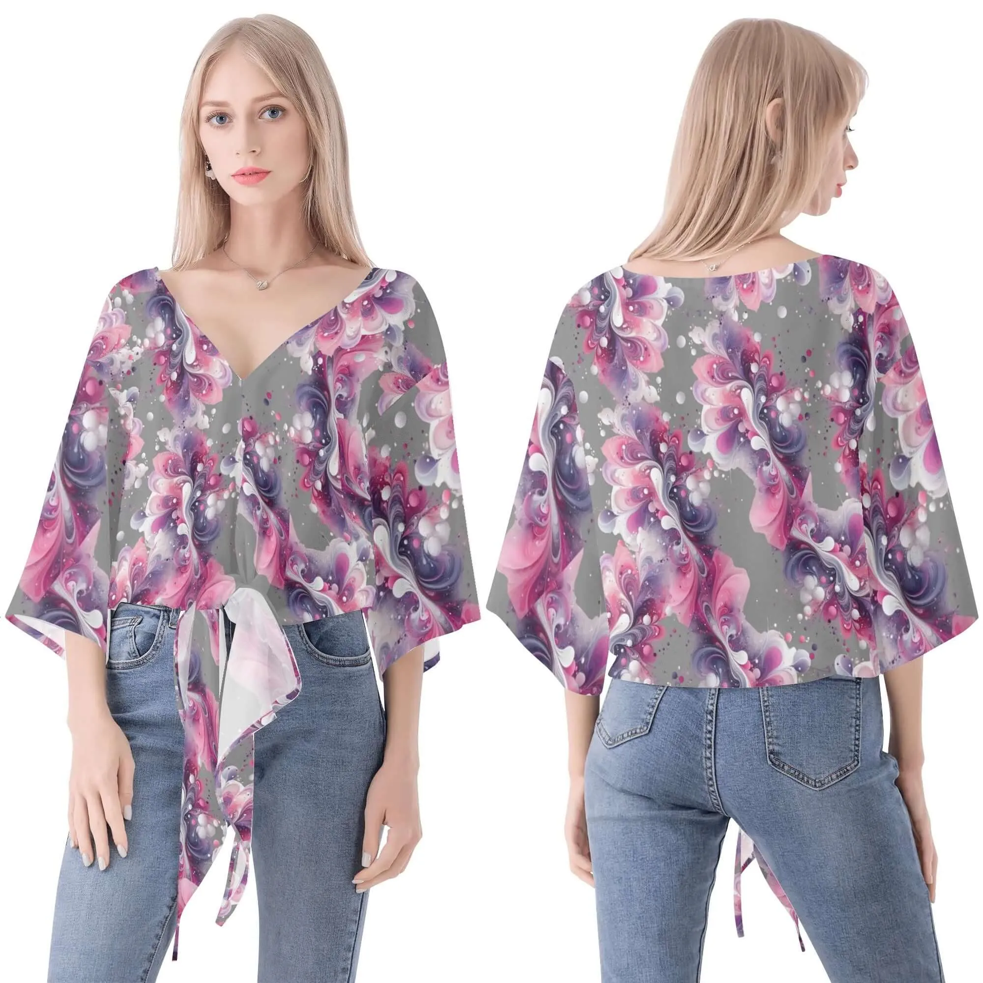 Splatter Women‘s’ V-neck Tie Front Knot Chiffon Blouse