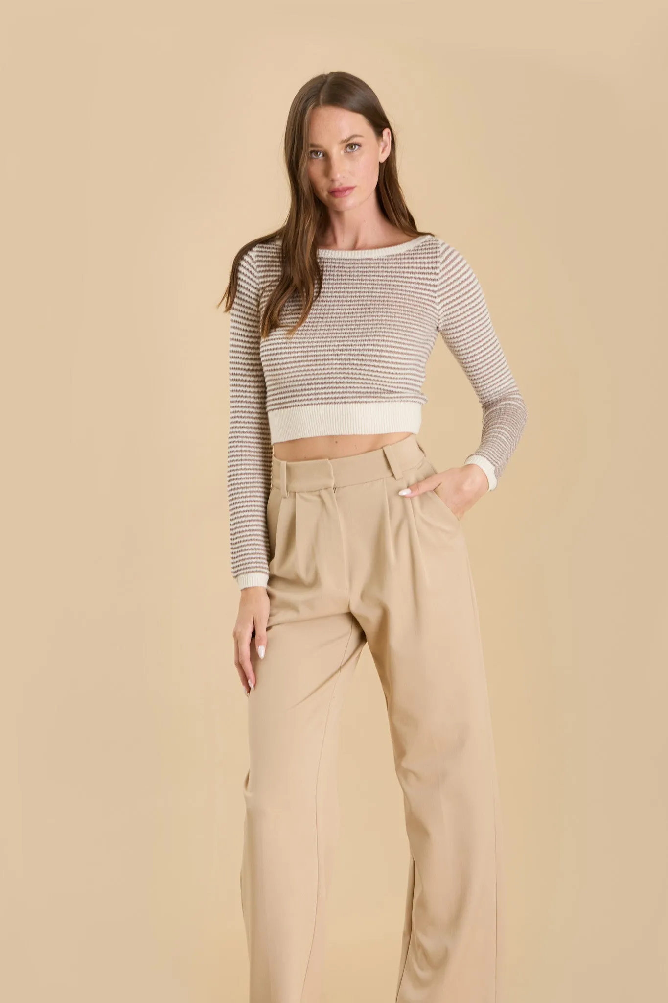 STRIPE BOAT NECK KNIT LONG SLEEVE CROPPED SWEATER