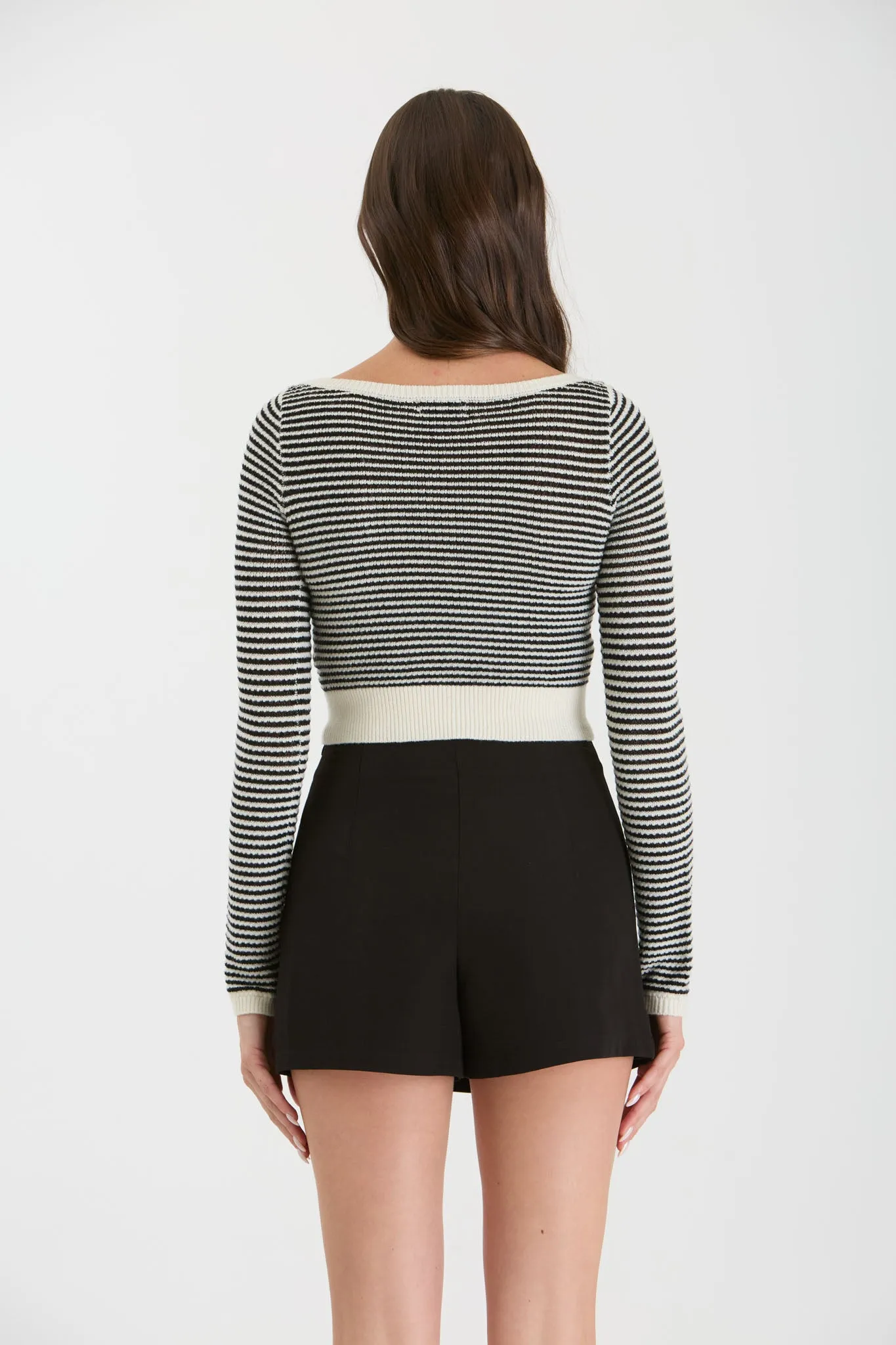 STRIPE BOAT NECK KNIT LONG SLEEVE CROPPED SWEATER