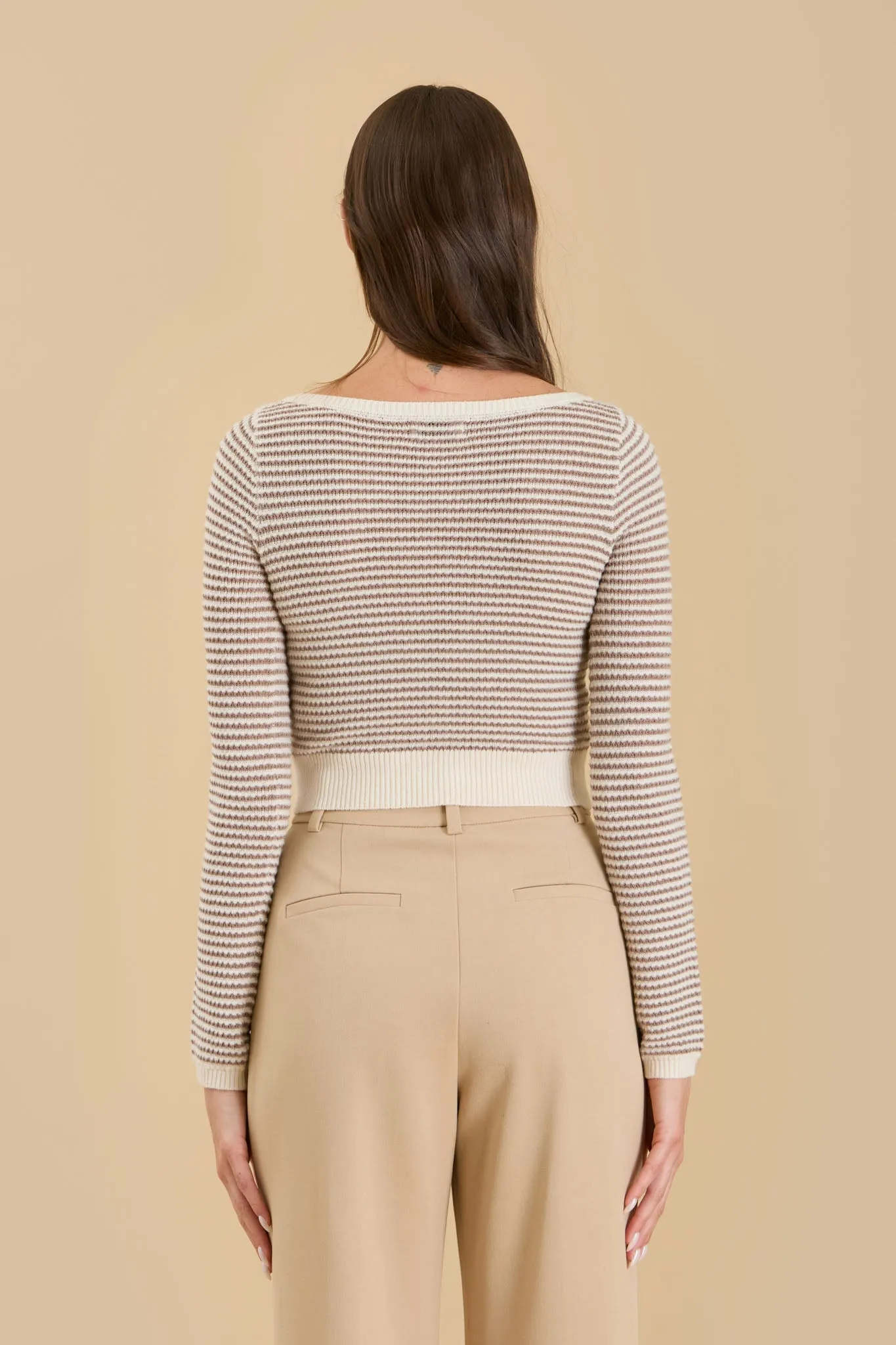 STRIPE BOAT NECK KNIT LONG SLEEVE CROPPED SWEATER