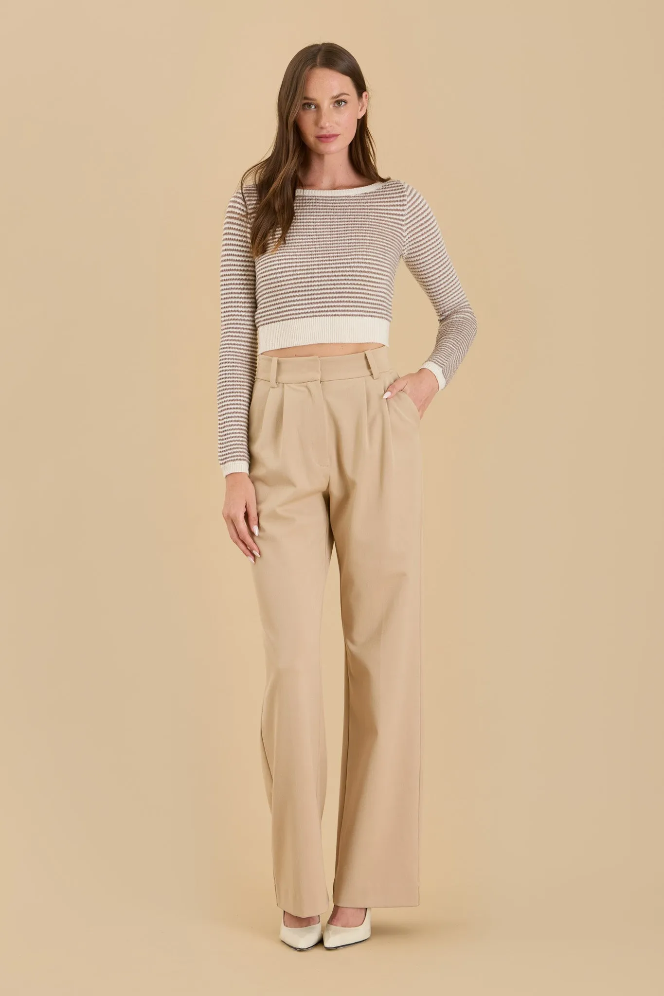 STRIPE BOAT NECK KNIT LONG SLEEVE CROPPED SWEATER