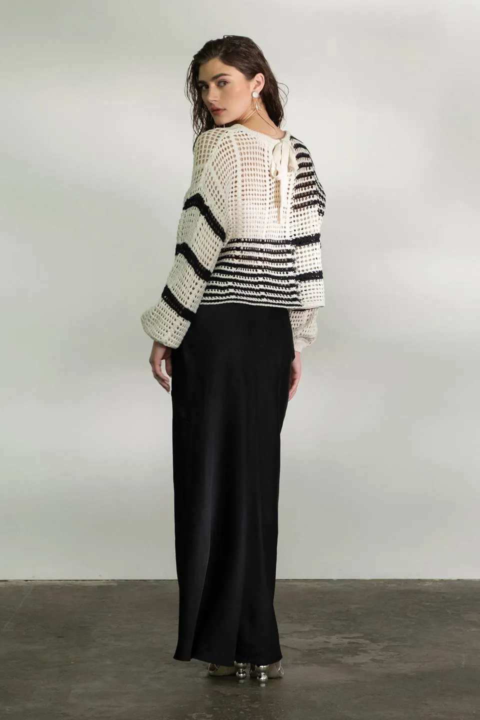 STRIPE COLORBLOCK CROCHET SHEER KNIT SWEATER