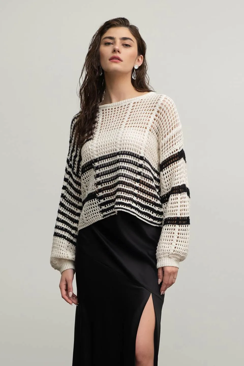 STRIPE COLORBLOCK CROCHET SHEER KNIT SWEATER