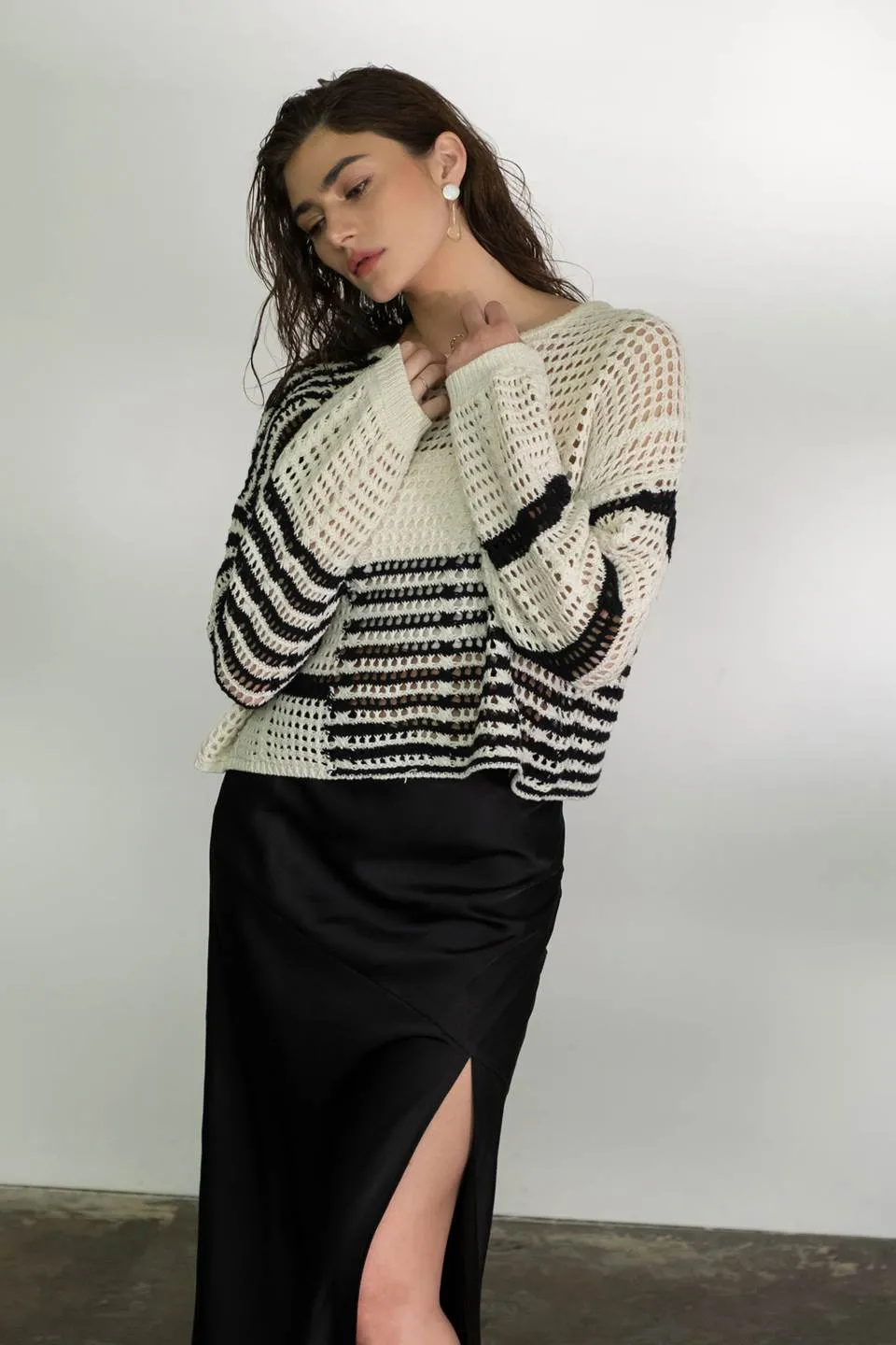 STRIPE COLORBLOCK CROCHET SHEER KNIT SWEATER