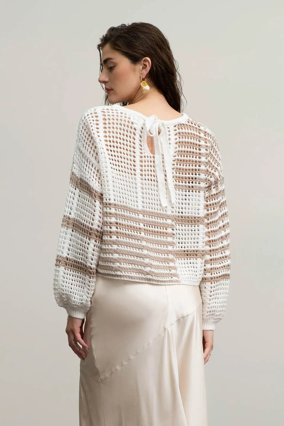 STRIPE COLORBLOCK CROCHET SHEER KNIT SWEATER
