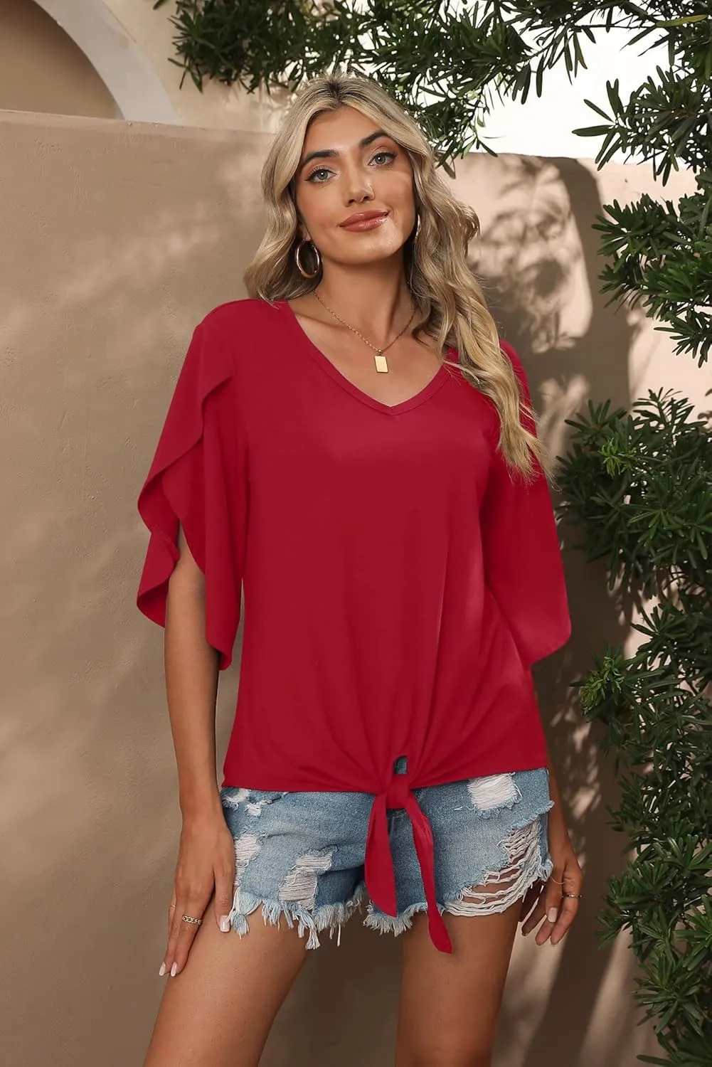SUEANI Women's Tie Front Blouses V Neck 3/4 Split Sleeve Summer Knot Tops T Shirts