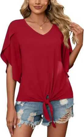 SUEANI Women's Tie Front Blouses V Neck 3/4 Split Sleeve Summer Knot Tops T Shirts