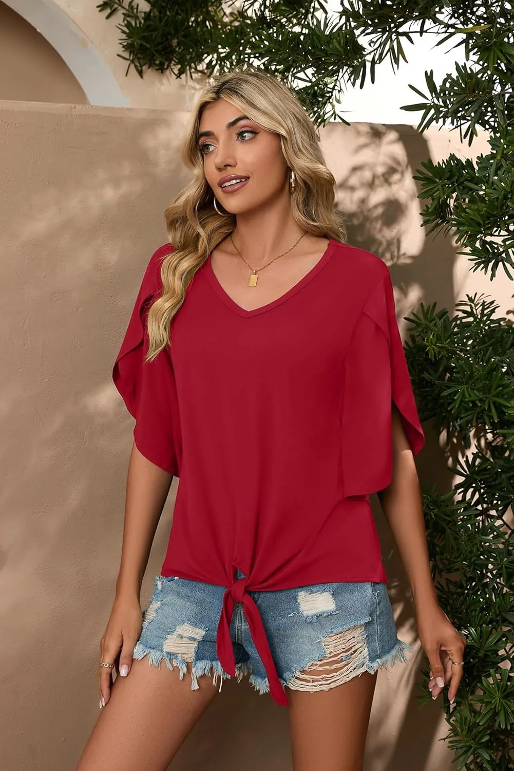 SUEANI Women's Tie Front Blouses V Neck 3/4 Split Sleeve Summer Knot Tops T Shirts