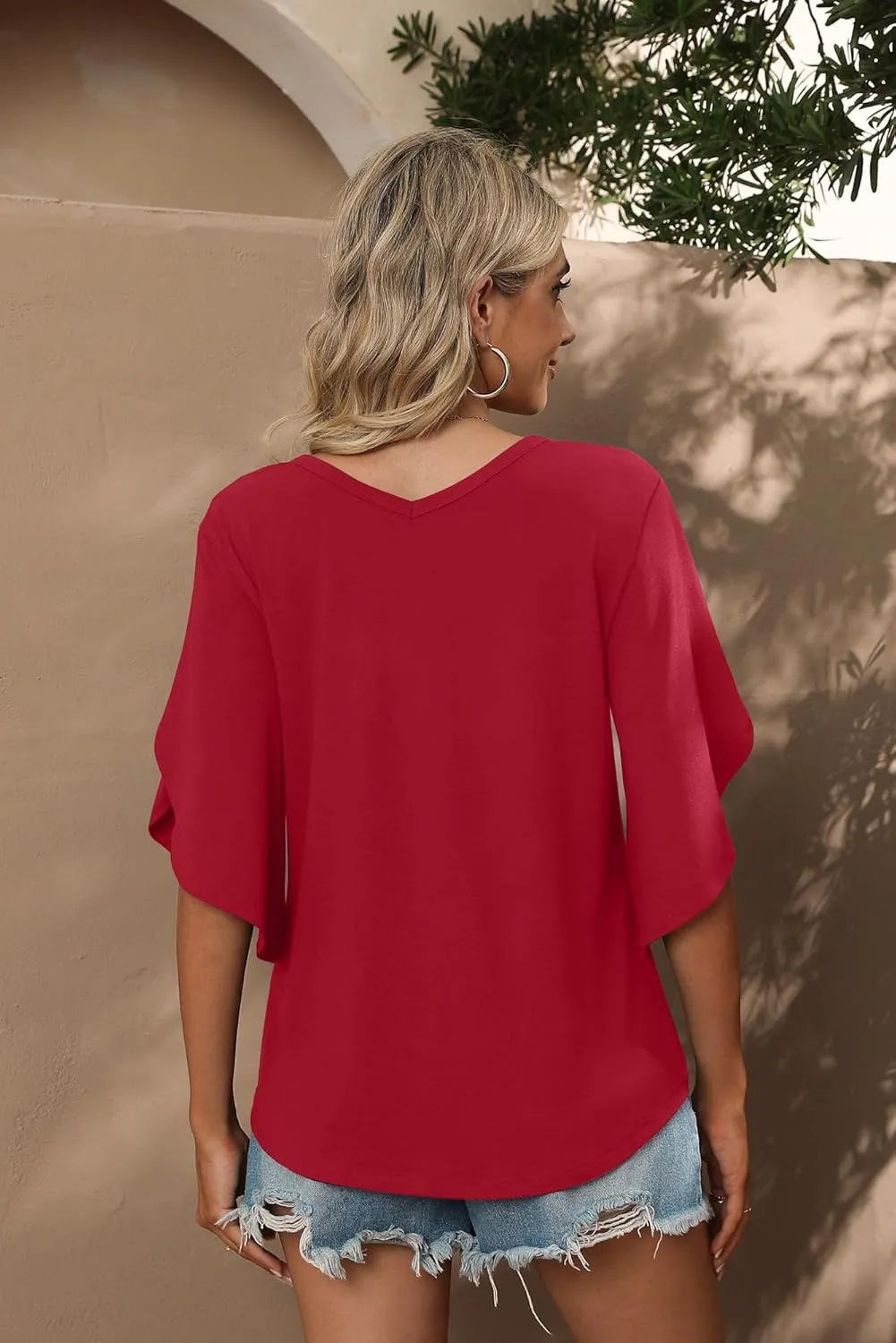 SUEANI Women's Tie Front Blouses V Neck 3/4 Split Sleeve Summer Knot Tops T Shirts