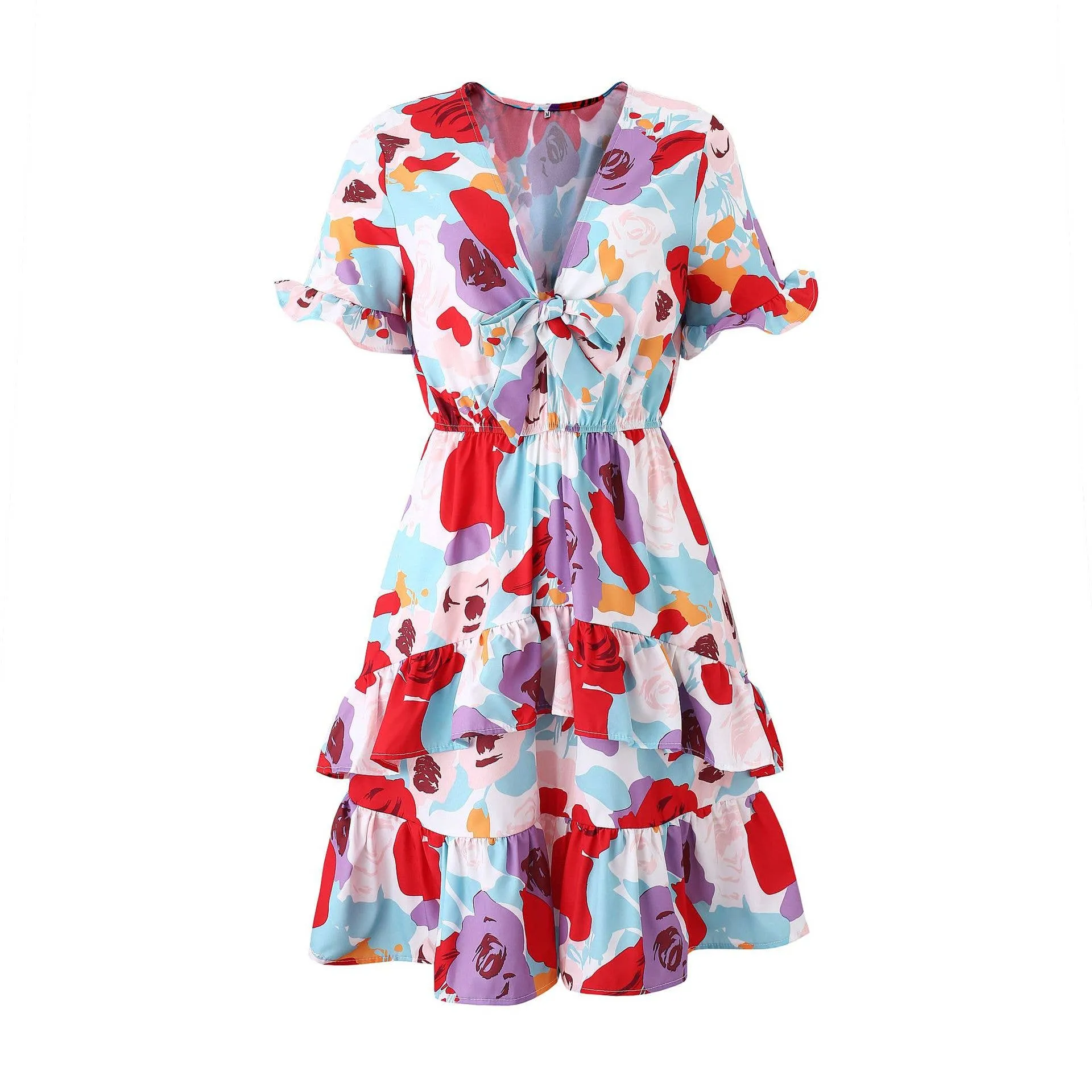 Summer bow short sleeve floral print babydoll dress