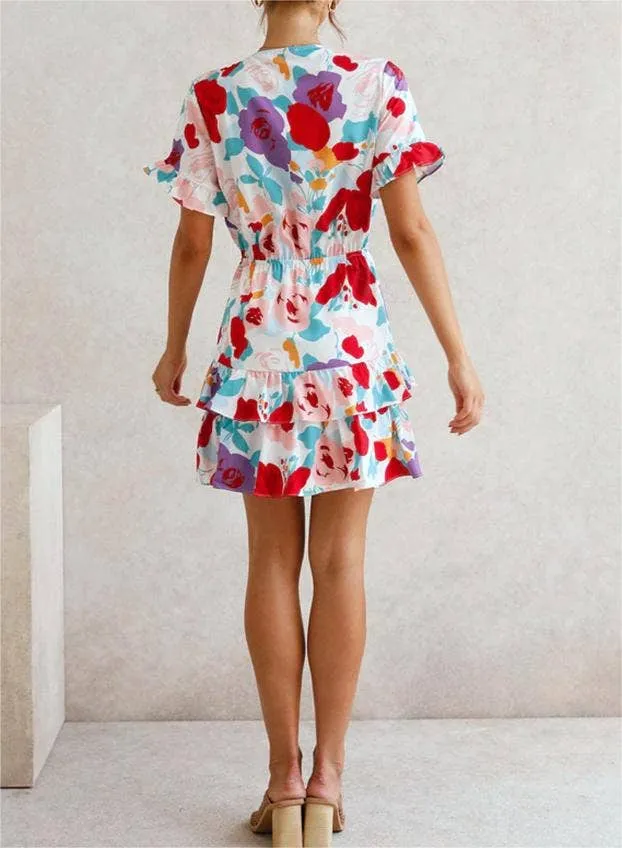 Summer bow short sleeve floral print babydoll dress