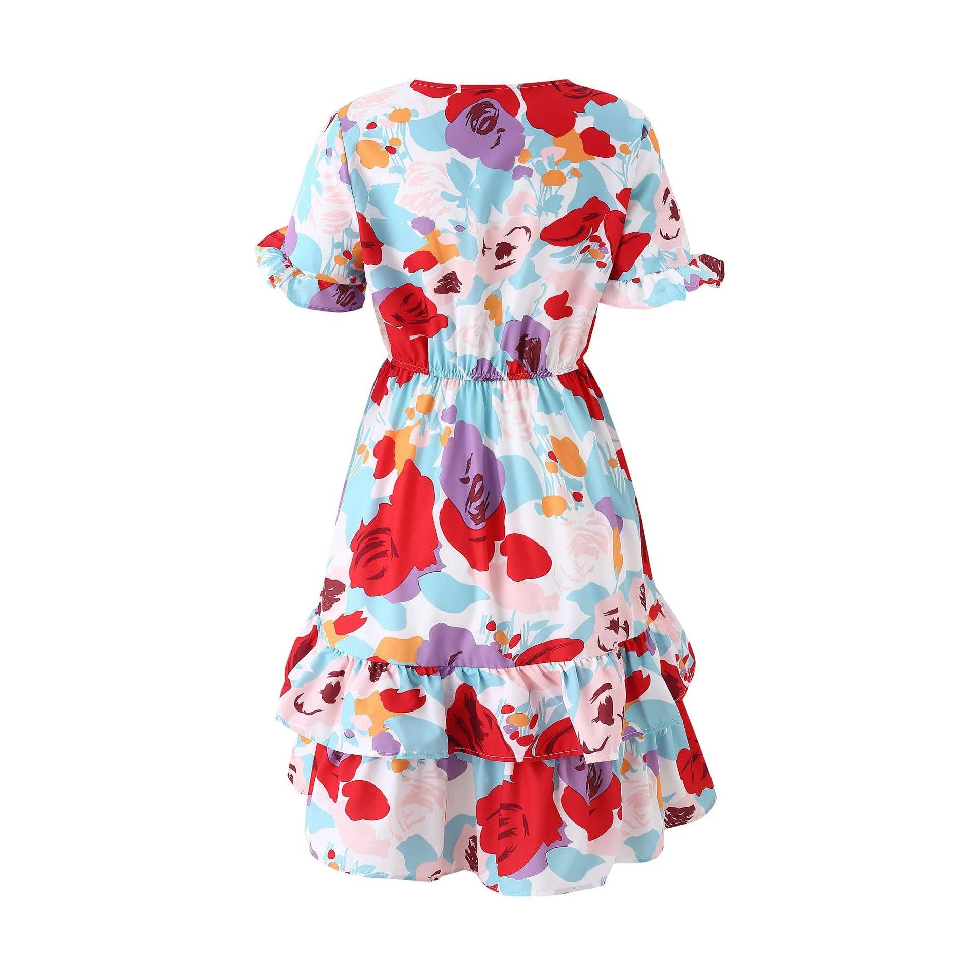 Summer bow short sleeve floral print babydoll dress