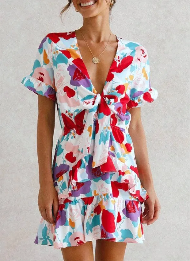 Summer bow short sleeve floral print babydoll dress