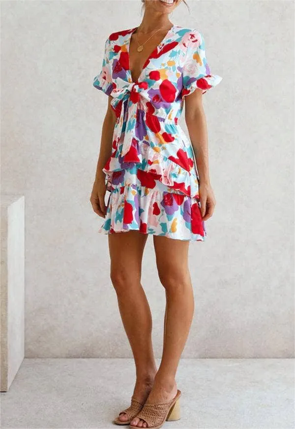 Summer bow short sleeve floral print babydoll dress