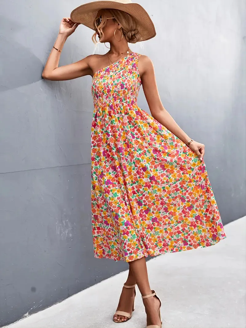 TastyHottie - One Shoulder Floral Print Smocked Maxi Dress