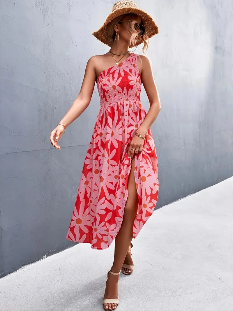 TastyHottie - One Shoulder Floral Print Smocked Maxi Dress