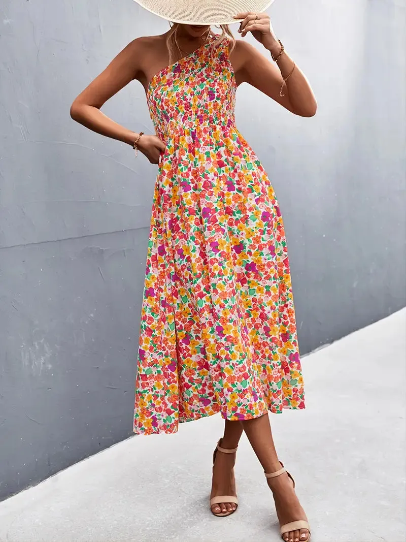 TastyHottie - One Shoulder Floral Print Smocked Maxi Dress