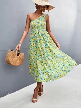 TastyHottie - One Shoulder Floral Print Smocked Maxi Dress