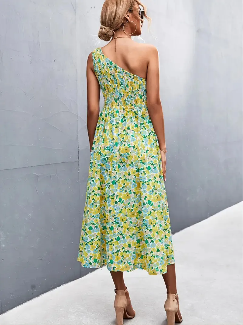 TastyHottie - One Shoulder Floral Print Smocked Maxi Dress